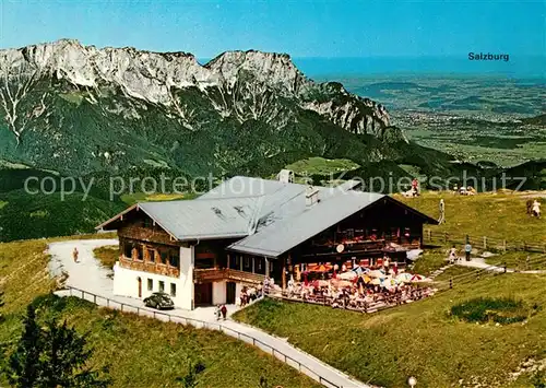 AK / Ansichtskarte Rossfeldhuette Rossfeldschihuette mit Blick auf Untersberg und Salzburg Rossfeldhuette
