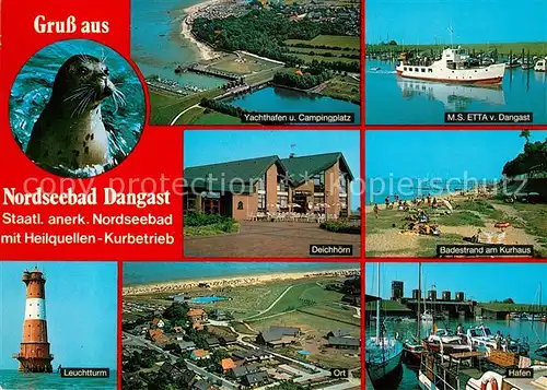 AK / Ansichtskarte Dangast_Nordseebad Seehund Leuchtturm Deichhoern Gaststaette Badestrand Kurhaus Yachthafen Campingplatz Fliegeraufnahme Dangast_Nordseebad