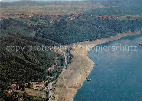 AK / Ansichtskarte Waldeck_Edersee Fliegeraufnahme mit Schloss Stadt Strandbad Jugendherberge Waldeck Edersee