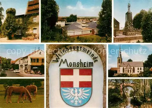 AK / Ansichtskarte Monsheim Teilansichten Tor zur Deutschen Weinstrasse Denkmal Kirche Natur Pferde Wappen Monsheim