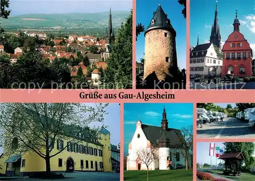 AK / Ansichtskarte Gau Algesheim Panorama Graulturm Historischer Marktplatz Schloss Ardeck Kirche Reisemobilstellplatz Traubenpresse Gau Algesheim