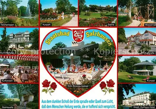 AK / Ansichtskarte Bad_Salzhausen Kurpark Teich Saline Wasserrad Kurhaus Kurkonzert Stahlquelle Sole Bewegungsbad Herz Bad_Salzhausen