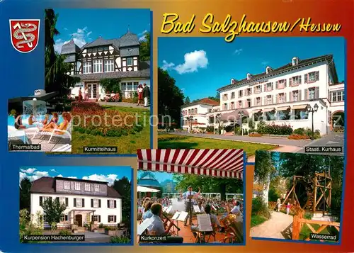 AK / Ansichtskarte Bad_Salzhausen Thermalbad Kurmittelhaus Kurhaus Kurpension Kurkonzert Wasserrad Bad_Salzhausen