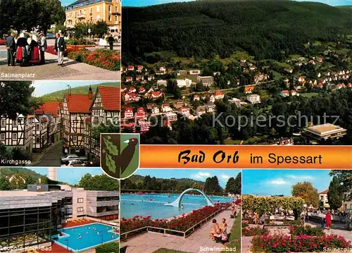 AK / Ansichtskarte Bad_Orb Salinenplatz Kirchgasse Leopold Koch Bad Schwimmbad Kurstadt im Spessart Fliegeraufnahme Bad_Orb
