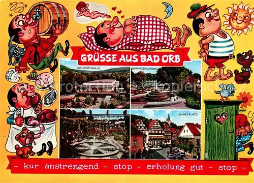AK / Ansichtskarte Bad_Orb Konzerthalle Springbrunnen Salinenplatz Marktplatz Karikaturen Bad_Orb