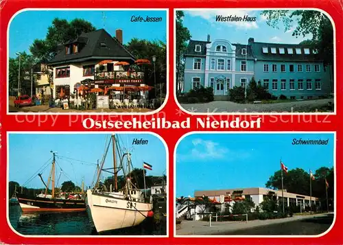 AK / Ansichtskarte Niendorf_Ostseebad Cafe Jessen Westfalen Haus Schwimmbad Hafen  Niendorf_Ostseebad