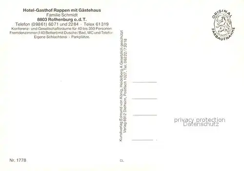 AK / Ansichtskarte Rothenburg_Tauber Hotel Gasthof Zum Rappen Gastraeume Speisesaal Rothenburg Tauber