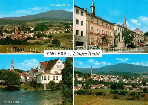 AK / Ansichtskarte Zwiesel_Niederbayern Panorama Blick zum Falkenstein Rachtel Stadtplatz Partie am Regen Zwiesel Niederbayern