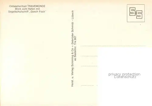 AK / Ansichtskarte Travemuende_Ostseebad Blick zum Hafen mit Segelschulschiff Gorch Fock Travemuende_Ostseebad