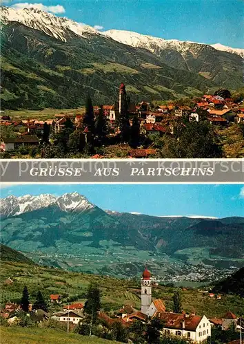 AK / Ansichtskarte Partschins_Merano_Suedtirol Ortsansicht mit Kirche gegen Hochwald Meran Ifinger Alpenpanorama Partschins_Merano