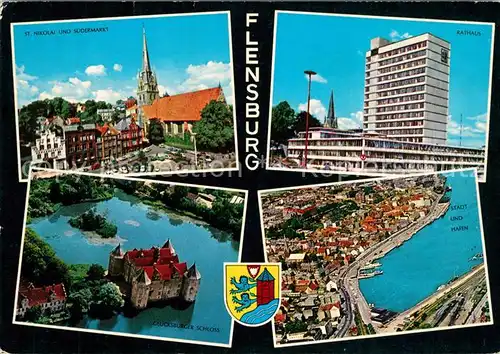 AK / Ansichtskarte Flensburg St Nikolai Kirche und Suedermarkt Rathaus Stadt Hafen Gluecksburger Schloss Fliegeraufnahme Flensburg