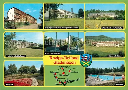 AK / Ansichtskarte Gladenbach Tannenhof Hotel am Schlosspark Kurpark Bildungszentrum Haus des Gastes Kurheim Klinik Freibad Gladenbach
