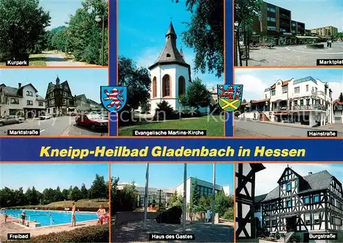 AK / Ansichtskarte Gladenbach Freibad Burgstrasse Hainstrasse Marktplatz Martins Kirche  Gladenbach