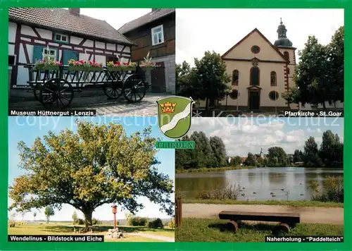 AK / Ansichtskarte Flieden Museum Huettnergut Lenzis Wendelinus Bildstock Eiche Kirche St Goar Naherholung Paddelteich Flieden