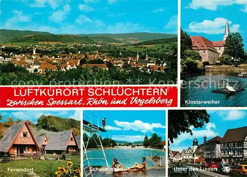 AK / Ansichtskarte Schluechtern Panorama Luftkurort Klosterweiher Feriendorf Schwimmbad Unter den Linden Schluechtern