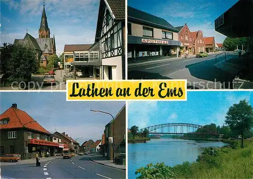 AK / Ansichtskarte Lathen Kirche Apotheke Strassenpartie Emspartie Lathen