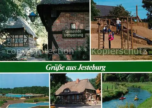 AK / Ansichtskarte Jesteburg Fachwerkhaeuser Gemeindeverwaltung Spielplatz Schwimmbad Kanalpartie Jesteburg