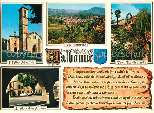 AK / Ansichtskarte Valbonne Eglise Abbatiale Vue generale Vieux Moulin a huile La Plac et ses Arcades Valbonne