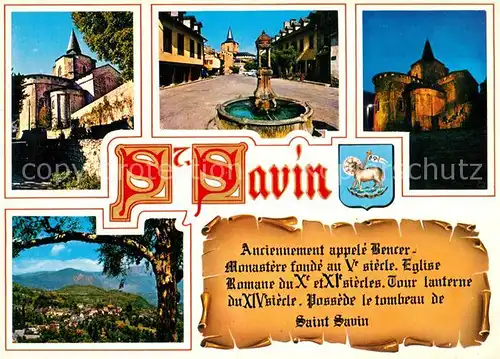 AK / Ansichtskarte Saint Savin_Hautes Pyrenees Eglise abbatiale La Fontaine et la Place Eglise abbatiale illuminee Vue generale Saint Savin