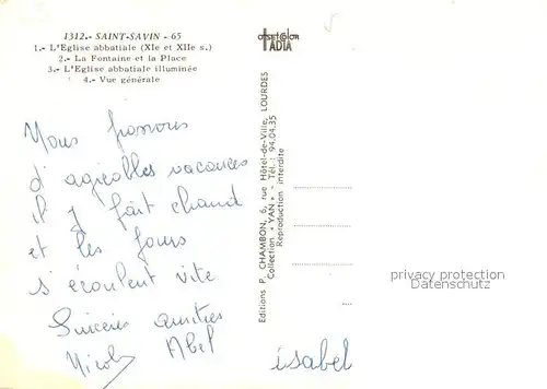 AK / Ansichtskarte Saint Savin_Hautes Pyrenees Eglise abbatiale La Fontaine et la Place Eglise abbatiale illuminee Vue generale Saint Savin