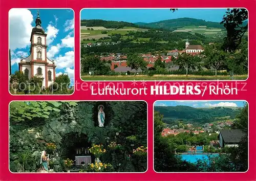 AK / Ansichtskarte Hilders_Rhoen Kirche Panorama Mariengrotte Schwimmbad Hilders Rhoen