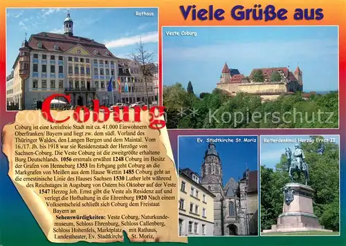 AK / Ansichtskarte Coburg Rathaus Veste Reiterdenkmal Herzog Ernst II. Kirche St. Moriz  Coburg