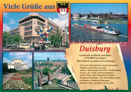 AK / Ansichtskarte Duisburg_Ruhr Brunnen Lifesaver Deutsche Bank Theater Schwanentorbruecke  Duisburg Ruhr