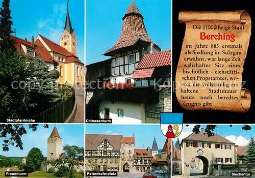 AK / Ansichtskarte Berching Pettenkoferplatz Chinesenturm Siechentor Stadtpfarrkirche  Berching