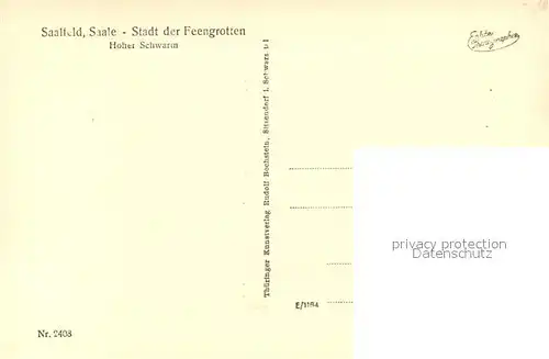 AK / Ansichtskarte Saalfeld_Saale Stadt der Feengrotten Hoher Schwarm Saalfeld_Saale