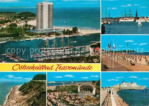 AK / Ansichtskarte Travemuende_Ostseebad Hotel Viermaster Segelschiff Promenade Steilkueste Konzertpavillon Schiffsanleger Travemuende_Ostseebad