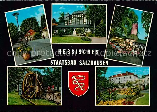 AK / Ansichtskarte Bad_Salzhausen Hessisches Staatsbad Terrasse Muehlrad Park Kurhaus Bad_Salzhausen