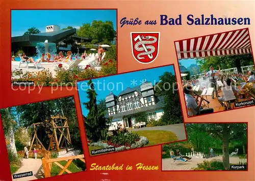AK / Ansichtskarte Bad_Salzhausen Thermalbad Wasserrad Kurmittelhaus Kurkonzert Kurpark Bad_Salzhausen