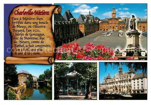 AK / Ansichtskarte Charleville Mezieres La place ducale Hotel e ville Statue Charles de Gonzague Remparts larriere Tour du Roy Le kiosque a musique Hotel de ville Charleville Mezieres