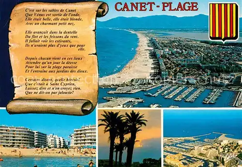 AK / Ansichtskarte Canet_Plage Vue aerienne du port de plaisance et de la plage auf fond les Alberas La plage et la place de la Mediterranee Canet_Plage