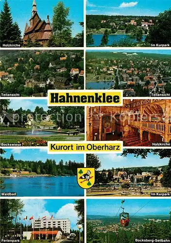 AK / Ansichtskarte Hahnenklee Bockswiese_Harz Holzkirche Kurpark Bockswiese Waldbad Ferienpark Bocksberg Seilbahn Hahnenklee Bockswiese