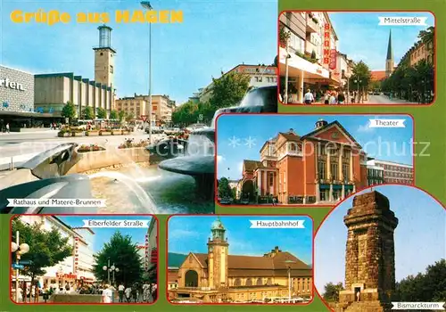 AK / Ansichtskarte Hagen_Westfalen Rathaus Matere Brunnen Mittelstrasse Theater Elberfelder Strasse Hauptbahnhof Bismarckturm Hagen_Westfalen