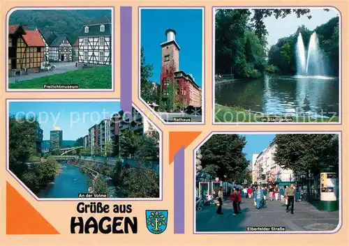 AK / Ansichtskarte Hagen_Westfalen Freilichtmuseum Rathaus Stadtgarten Fontaene Elberfelder Strasse Fussgaengerzone Volme Hagen_Westfalen