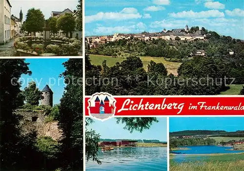 AK / Ansichtskarte Lichtenberg_Oberfranken Totalansicht Brunnen Burg Landschaftspanorama See Lichtenberg Oberfranken