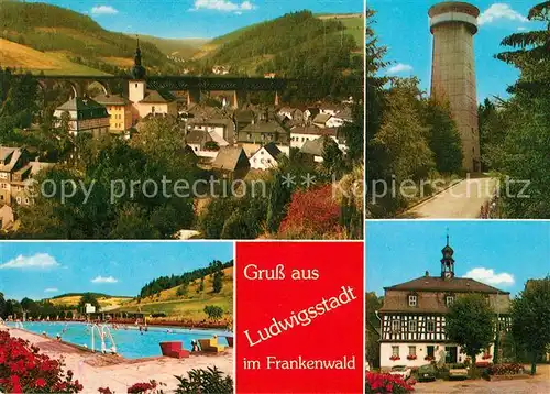 AK / Ansichtskarte Ludwigsstadt Ortsmotiv mit Kirche Rathaus Freibad Turm Ludwigsstadt