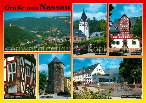 AK / Ansichtskarte Nassau_Bad Panorama Pfarrkirche Amtshaus Rathaus Grauer Turm Pont Chateau Platz Nassau_Bad