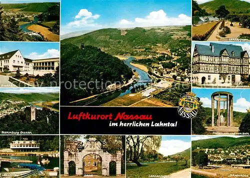 AK / Ansichtskarte Nassau_Bad Stadthalle Stamburg Oranien Panorama Lahnanlagen Freiherr vom und zum Stein Rathaus Lahnbastei Schloss Schwimmbad Nassau_Bad