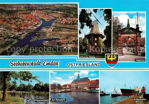 AK / Ansichtskarte Emden_Ostfriesland Fliegeraufnahme Johanna Muehle Hafentor Schwanenteich Am Ratsdelft Aussenhafen Emden_Ostfriesland