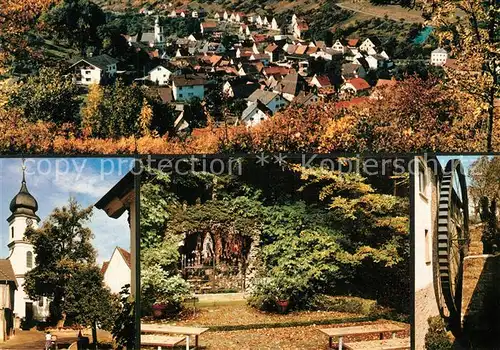 AK / Ansichtskarte Oberlauda Gesamtansicht Herbststimmung Pfarrkirche St Martin Lindenbaum Lourdes Grotte Altes Muehlrad Oberlauda