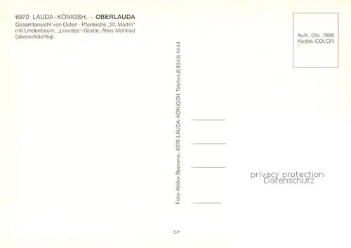 AK / Ansichtskarte Oberlauda Gesamtansicht Herbststimmung Pfarrkirche St Martin Lindenbaum Lourdes Grotte Altes Muehlrad Oberlauda