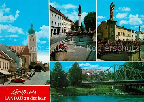 AK / Ansichtskarte Landau_Isar Ortsmotiv mit Kirche Brunnen Isarbruecke Landau Isar