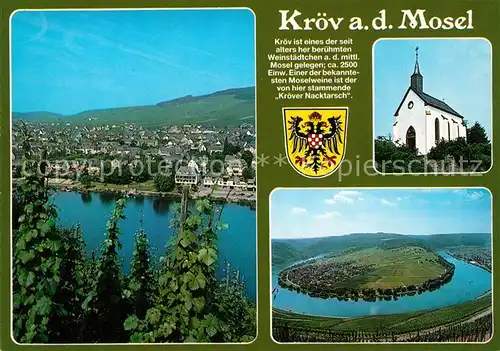 AK / Ansichtskarte Kroev_Mosel Landschaftspanorama Moselschleife Kirche Wappen Weinberge Kroever Nacktarsch Kroev_Mosel