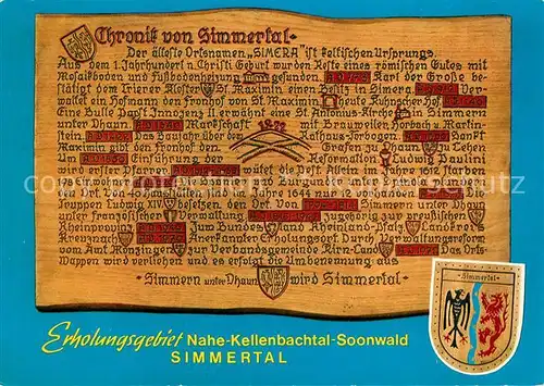 AK / Ansichtskarte Simmertal Chronik Wappen Erholungsgebiet Nahe Kellenbachtal Soonwald Simmertal