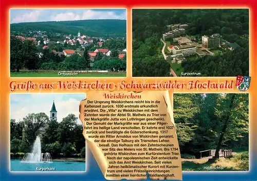 AK / Ansichtskarte Weiskirchen_Saar Gesamtansicht Kurparksee Holzbachtal Natur Kurzentrum Fliegeraufnahme Chronik Weiskirchen Saar