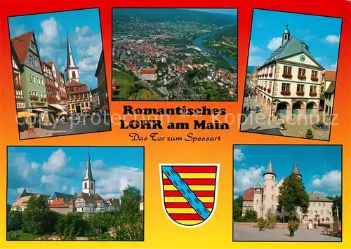 AK / Ansichtskarte Lohr_Main Zentrum Altstadt Kirche Rathaus Schloss Fliegeraufnahme Wappen Lohr_Main