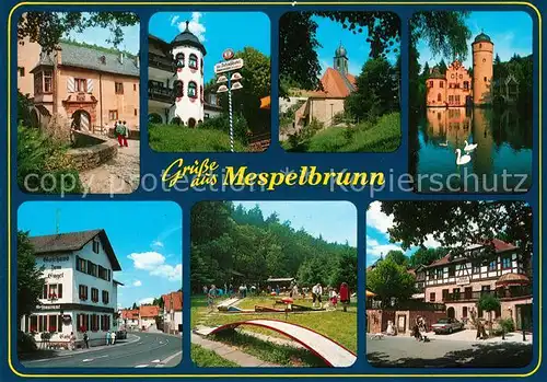 AK / Ansichtskarte Mespelbrunn Gasthaus Minigolf Schloss Schwaene Kirche Mespelbrunn